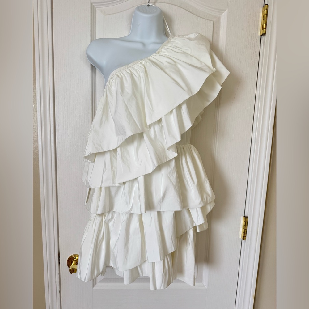 Small Luminary White One Shoulder Ruffled Mini Dress - Picture 2 of 7